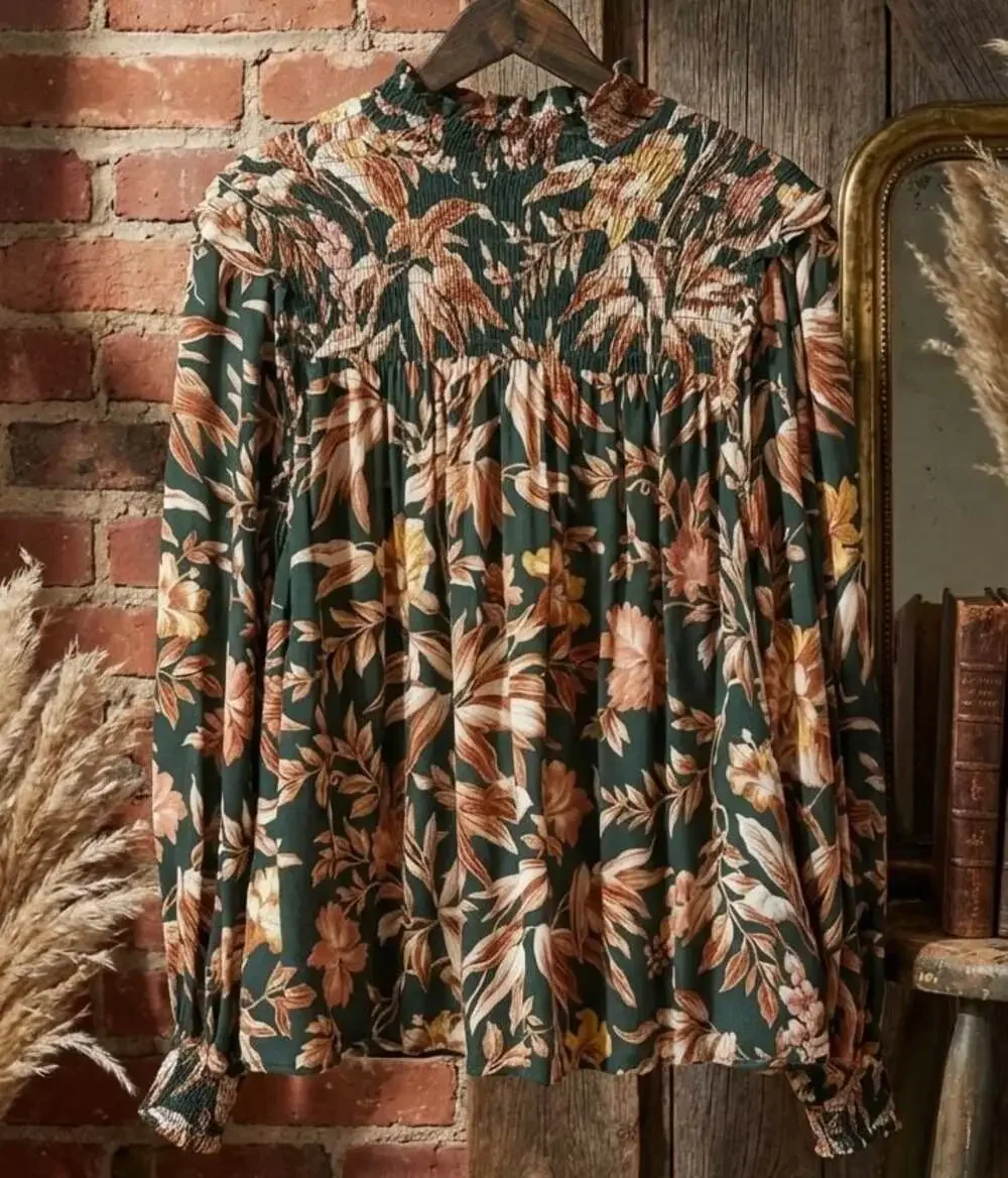 H&M Smocked High Neck Floral Blouse Size 6 - EK - Picture 2 of 6